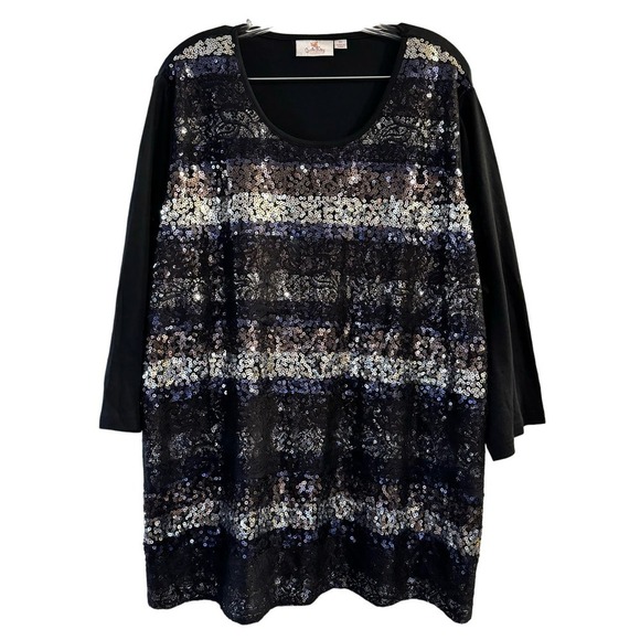 Quacker Factory Striped Lace Sequined 3/4 Sleeve Tunic Women’s Top Black Size 3X - Picture 1 of 6